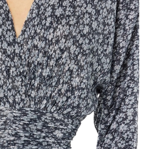 NWT Bardot Soft Blue Metallic Flora Crossover Ruched Bracelet Sleeve Dress SZ 8 - Picture 5 of 7